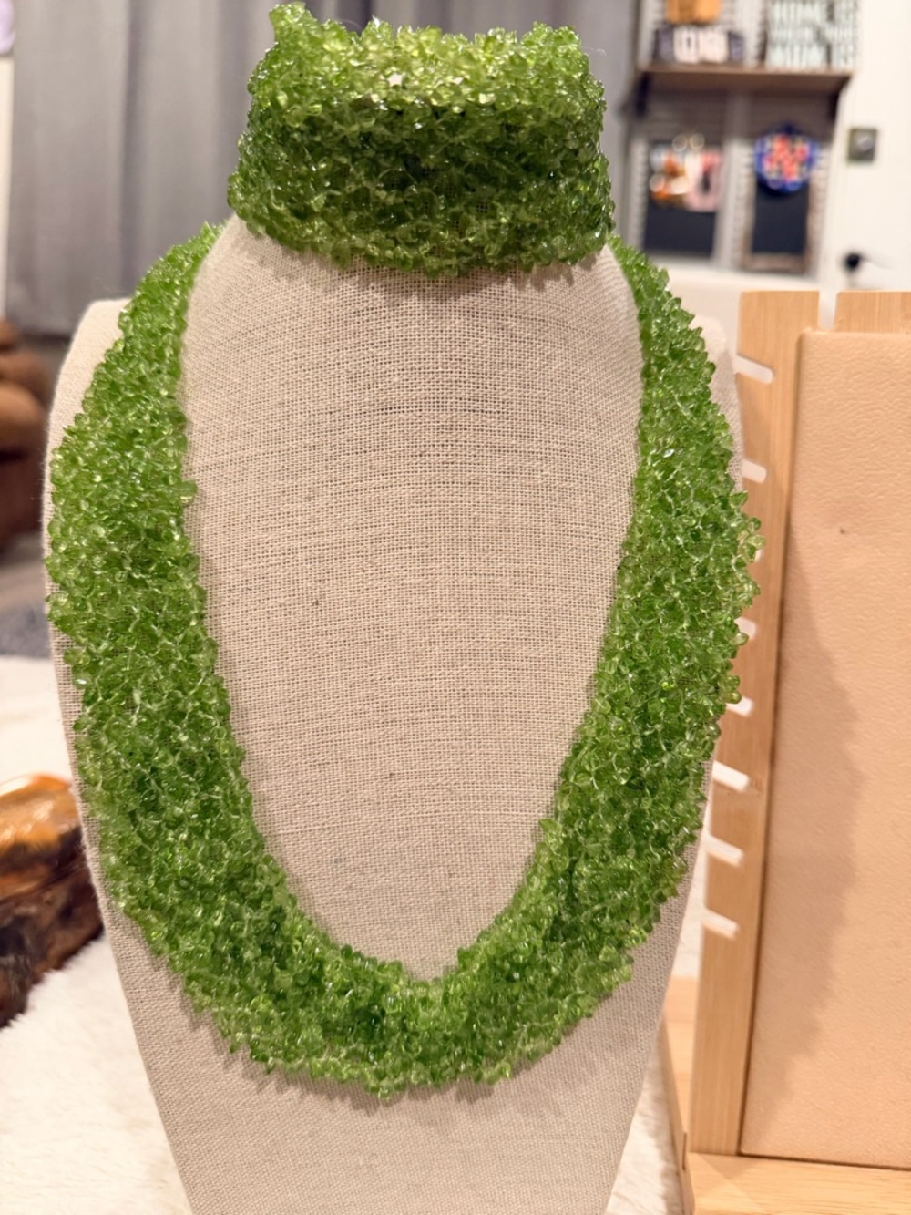 Vintage Peridot Chip Cluster Statement Bib Necklace and Bracelet